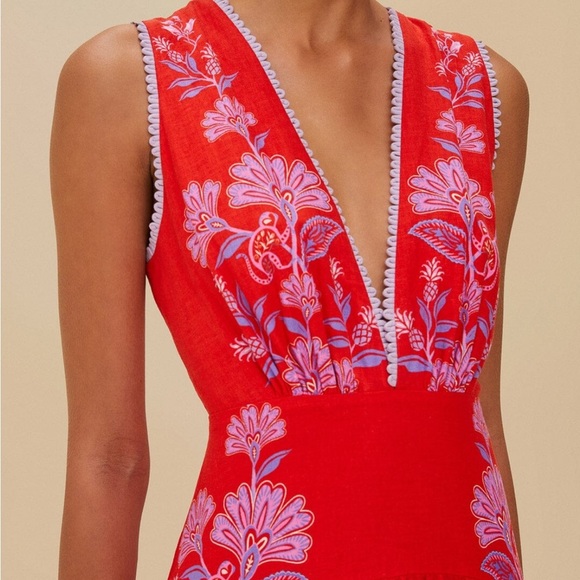 NWT Farm Rio Red Porcelain Garden Premium Linen Midi Dress M - Picture 4 of 7